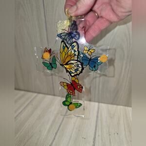 Vtg Cross Suncatcher With Butterflies Window Decoration Colorful Cottagecore